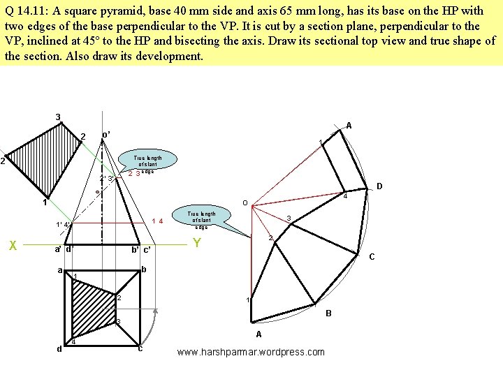 Q 14. 11: A square pyramid, base 40 mm side and axis 65 mm