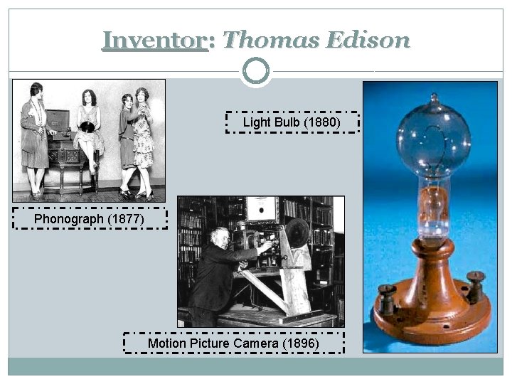 Inventor: Thomas Edison Light Bulb (1880) Phonograph (1877) Motion Picture Camera (1896) 