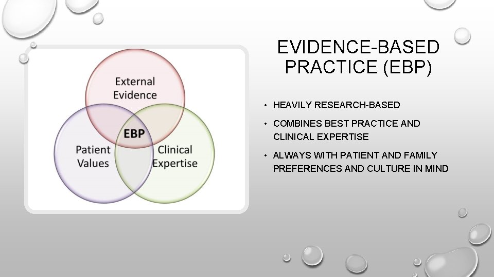 EVIDENCE-BASED PRACTICE (EBP) • HEAVILY RESEARCH-BASED • COMBINES BEST PRACTICE AND CLINICAL EXPERTISE •