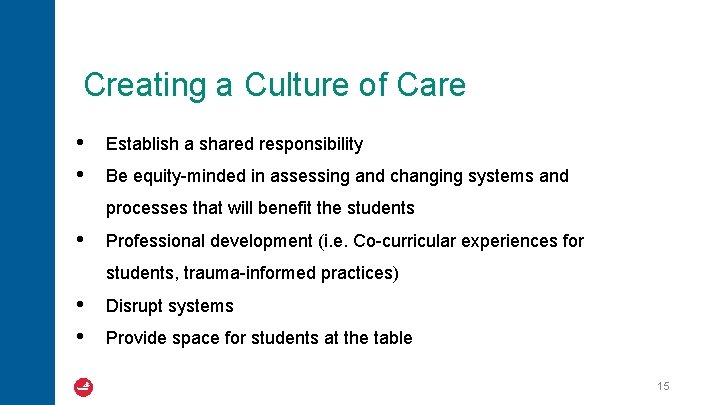 Creating a Culture of Care • • Establish a shared responsibility Be equity-minded in