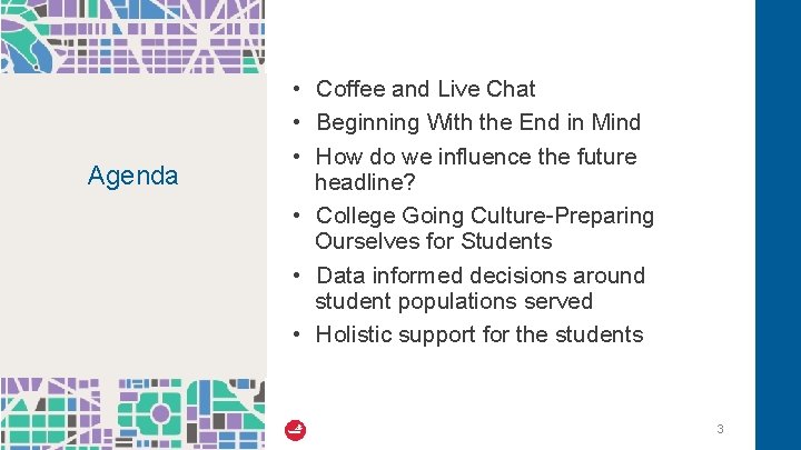 Agenda • Coffee and Live Chat • Beginning With the End in Mind •