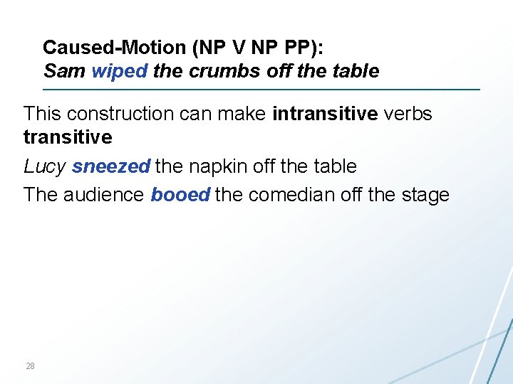 Caused-Motion (NP V NP PP): Sam wiped the crumbs off the table This construction