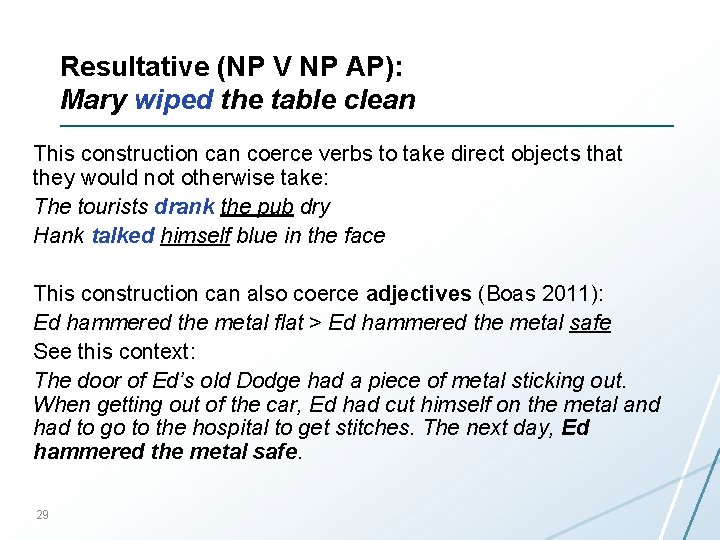 Resultative (NP V NP AP): Mary wiped the table clean This construction can coerce