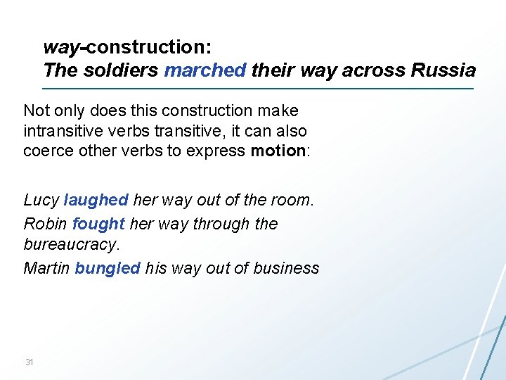 way-construction: The soldiers marched their way across Russia Not only does this construction make