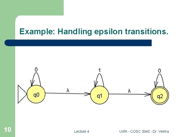 Example: Handling epsilon transitions. 10 Lecture 4 Uof. H - COSC 3340 - Dr.