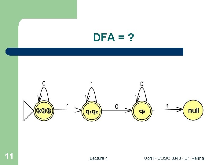 DFA = ? 11 Lecture 4 Uof. H - COSC 3340 - Dr. Verma