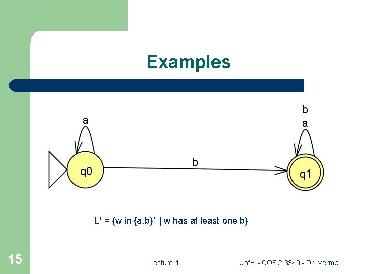 Examples L' = {w in {a, b}* | w has at least one b}