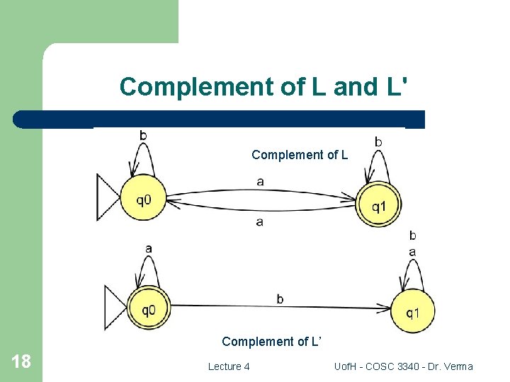 Complement of L and L' Complement of L’ 18 Lecture 4 Uof. H -