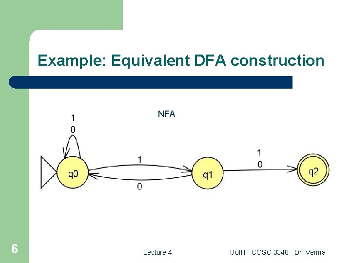 Example: Equivalent DFA construction NFA 6 Lecture 4 Uof. H - COSC 3340 -