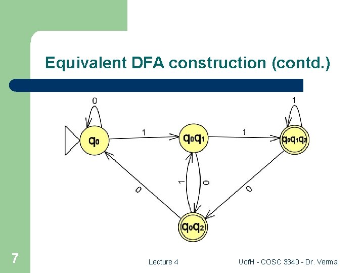 Equivalent DFA construction (contd. ) 7 Lecture 4 Uof. H - COSC 3340 -