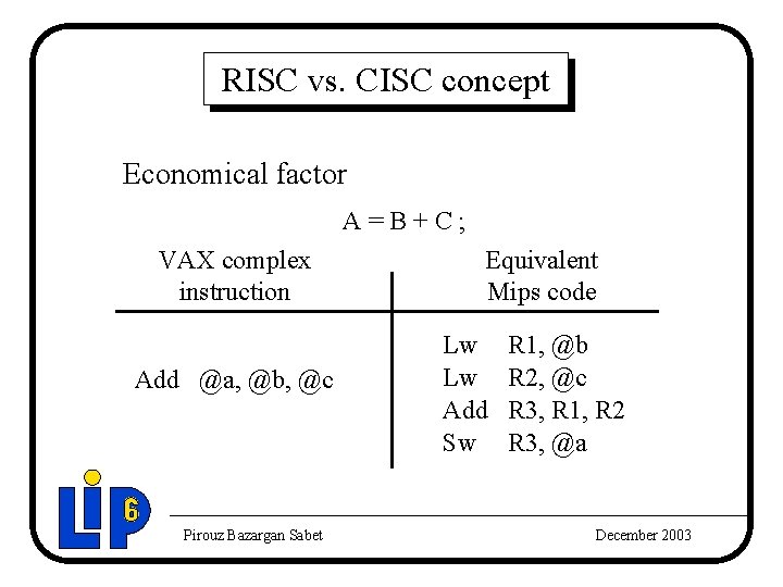 RISC vs. CISC concept Economical factor A=B+C; VAX complex instruction Add @a, @b, @c RISC vs. CISC concept Economical factor A=B+C; VAX complex instruction Add @a, @b, @c