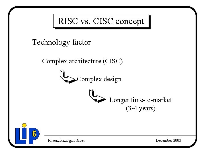 RISC vs. CISC concept Technology factor Complex architecture (CISC) Complex design Longer time-to-market (3 RISC vs. CISC concept Technology factor Complex architecture (CISC) Complex design Longer time-to-market (3