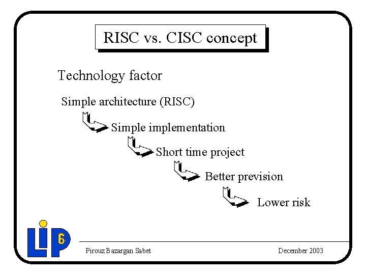 RISC vs. CISC concept Technology factor Simple architecture (RISC) Simplementation Short time project Better RISC vs. CISC concept Technology factor Simple architecture (RISC) Simplementation Short time project Better
