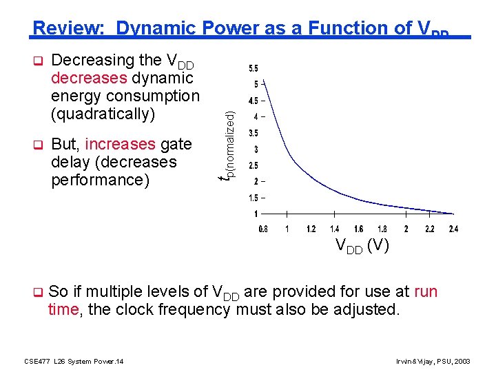 q Decreasing the VDD decreases dynamic energy consumption (quadratically) q But, increases gate delay