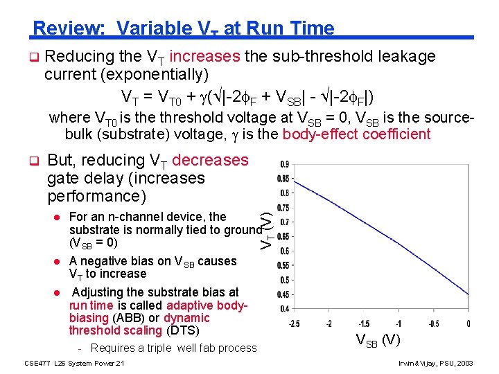 Review: Variable VT at Run Time q Reducing the VT increases the sub-threshold leakage