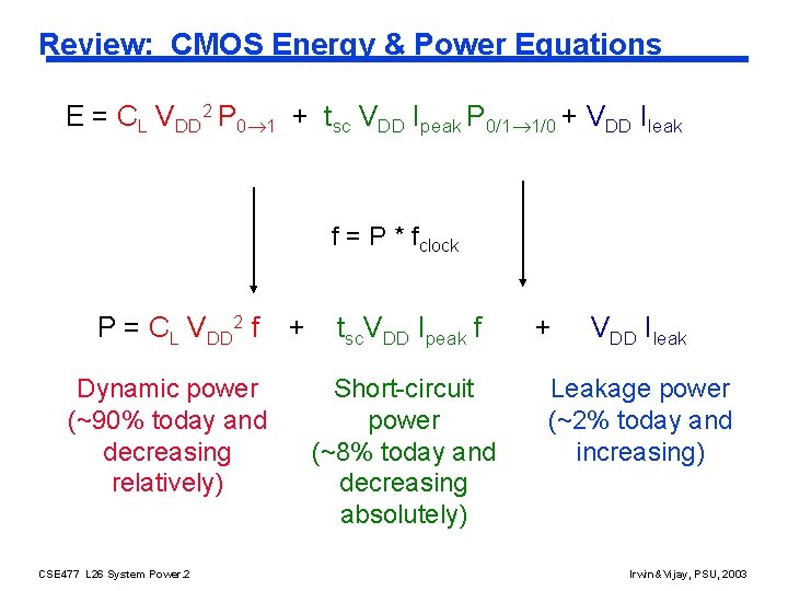 Review: CMOS Energy & Power Equations E = CL VDD 2 P 0 1