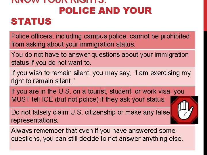 KNOW YOUR RIGHTS: POLICE AND YOUR STATUS Police officers, including campus police, cannot be