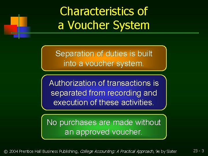 Characteristics of a Voucher System Separation of duties is built into a voucher system.