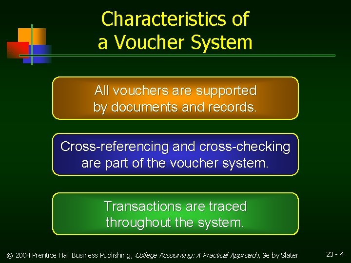 Characteristics of a Voucher System All vouchers are supported by documents and records. Cross-referencing