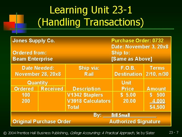 Learning Unit 23 -1 (Handling Transactions) Jones Supply Co. Purchase Order: 0732 Date: November