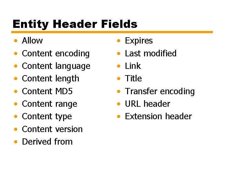 Entity Header Fields • • • Allow Content encoding Content language Content length Content