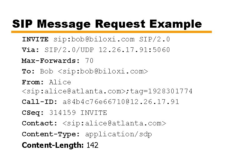 SIP Message Request Example INVITE sip: bob@biloxi. com SIP/2. 0 Via: SIP/2. 0/UDP 12.