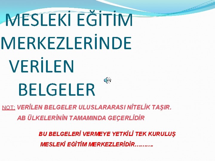 MESLEKİ EĞİTİM MERKEZLERİNDE VERİLEN BELGELER NOT: VERİLEN BELGELER ULUSLARARASI NİTELİK TAŞIR. AB ÜLKELERİNİN TAMAMINDA