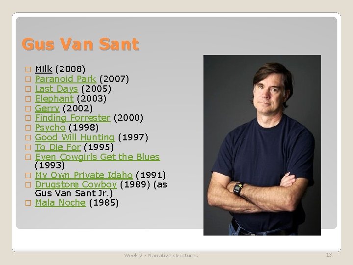 Gus Van Sant Milk (2008) Paranoid Park (2007) Last Days (2005) Elephant (2003) Gerry