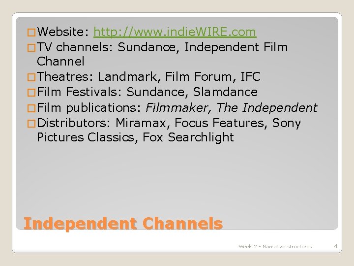 � Website: http: //www. indie. WIRE. com � TV channels: Sundance, Independent Film Channel
