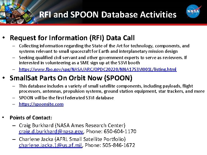 RFI and SPOON Database Activities • Request for Information (RFI) Data Call – Collecting