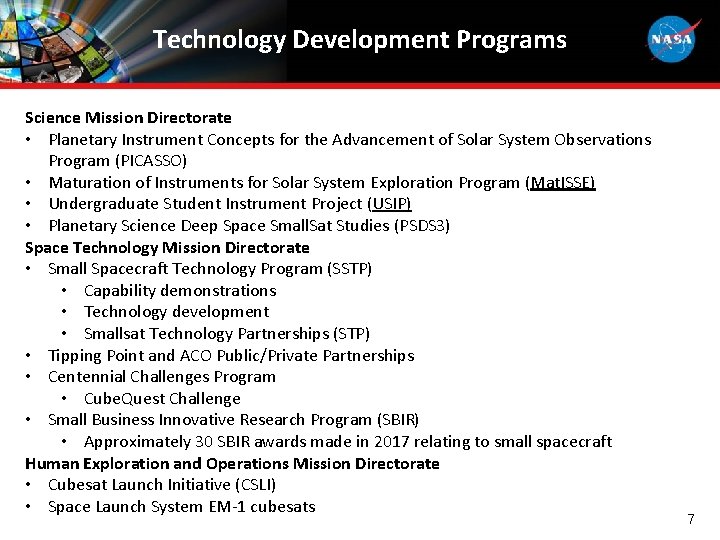 Technology Development Programs Science Mission Directorate • Planetary Instrument Concepts for the Advancement of