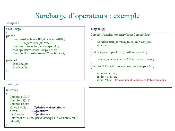 Surcharge d’opérateurs : exemple complex. h class Complex { public : Complex(double re =