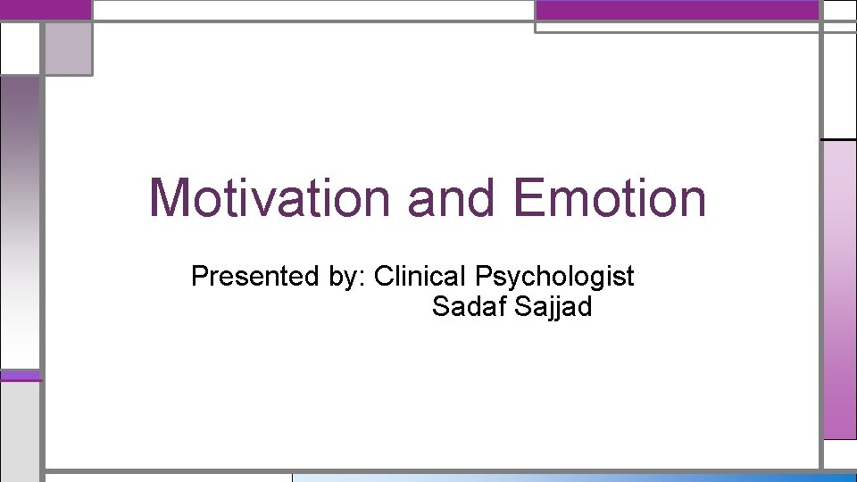 Motivation and Emotion Presented by: Clinical Psychologist Sadaf Sajjad 