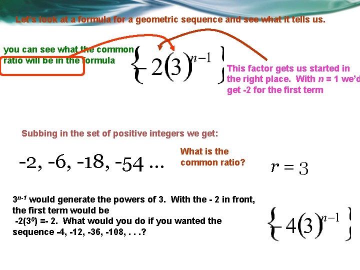 Let’s look at a formula for a geometric sequence and see what it tells