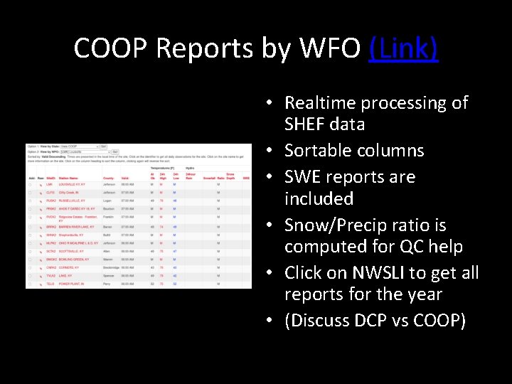 COOP Reports by WFO (Link) • Realtime processing of SHEF data • Sortable columns