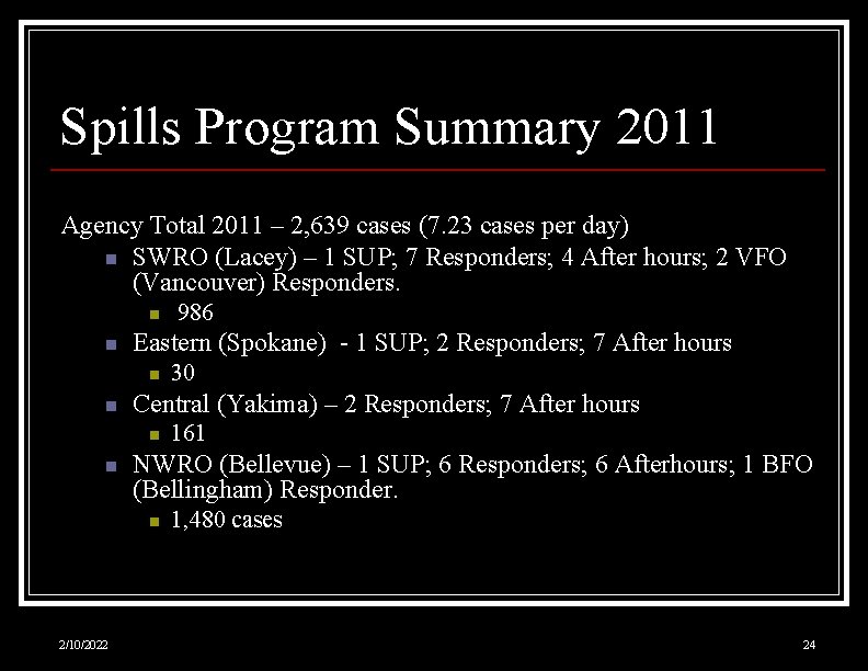 Spills Program Summary 2011 Agency Total 2011 – 2, 639 cases (7. 23 cases