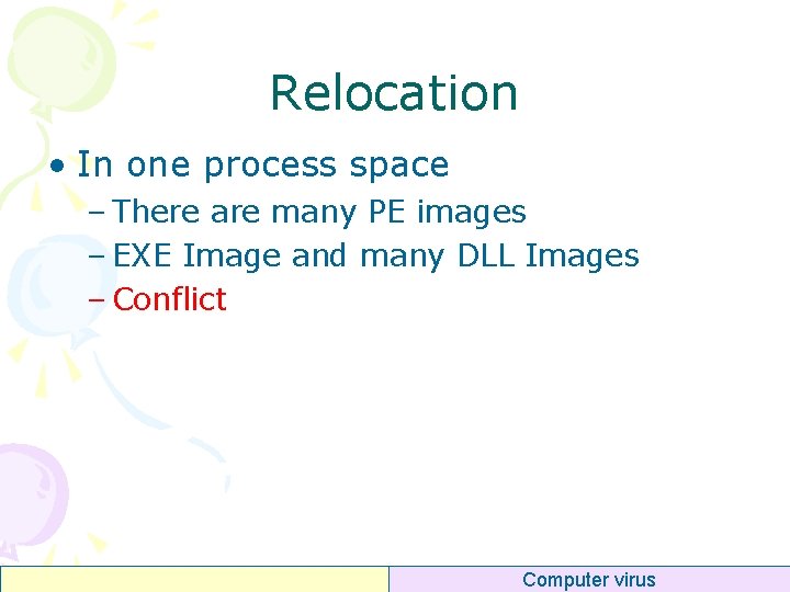 Relocation • In one process space – There are many PE images – EXE