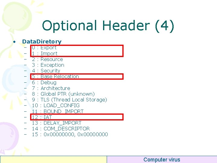 Optional Header (4) • Data. Diretory – – – – 0 : Export 1