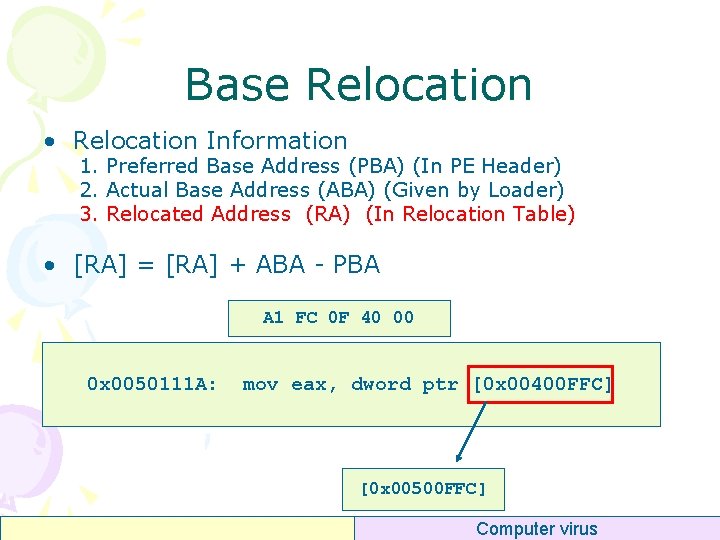 Base Relocation • Relocation Information 1. Preferred Base Address (PBA) (In PE Header) 2.