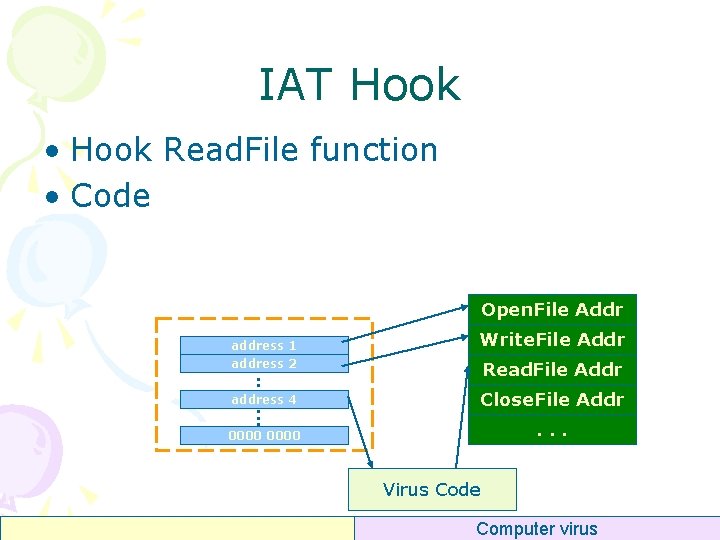 IAT Hook • Hook Read. File function • Code Open. File Addr address 1