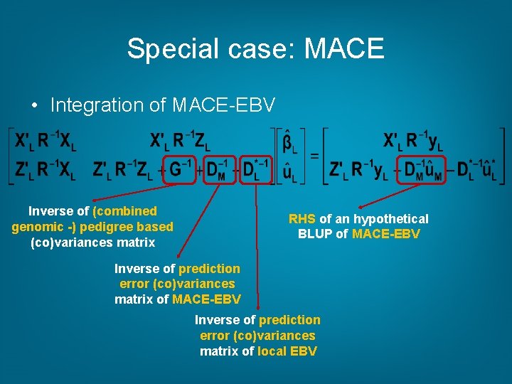 Special case: MACE • Integration of MACE-EBV Inverse of (combined genomic -) pedigree based