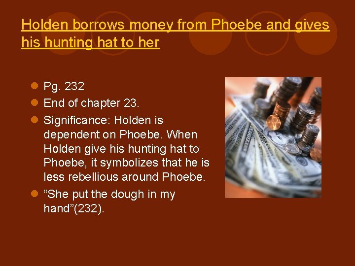 Holden borrows money from Phoebe and gives his hunting hat to her l Pg.