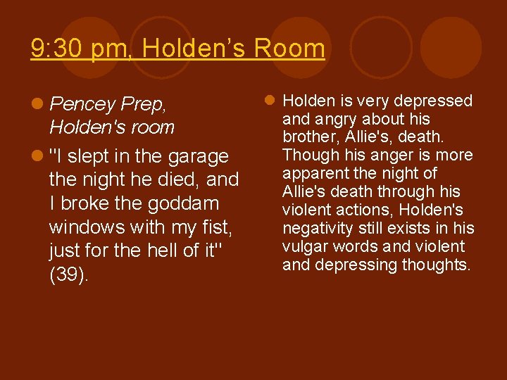 9: 30 pm, Holden’s Room l Pencey Prep, Holden's room l "I slept in