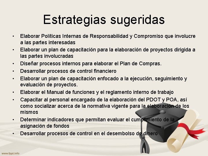 Estrategias sugeridas • • • Elaborar Políticas Internas de Responsabilidad y Compromiso que involucre