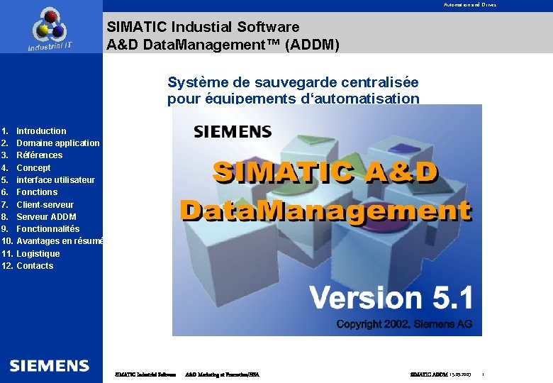 Automation and Drives SIMATIC Industial Software A&D Data. Management™ (ADDM) Système de sauvegarde centralisée