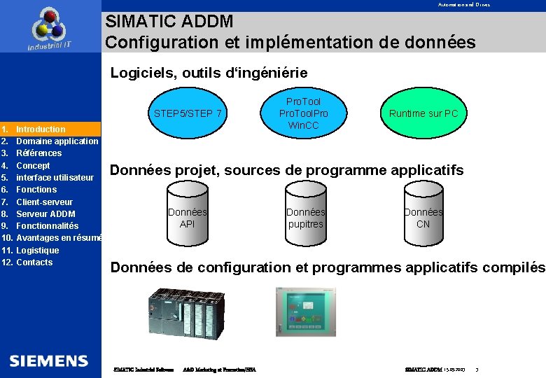 Automation and Drives SIMATIC ADDM Configuration et implémentation de données Logiciels, outils d‘ingéniérie STEP