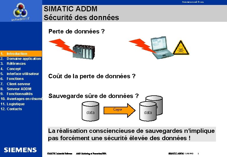 Automation and Drives SIMATIC ADDM Sécurité des données Perte de données ? 1. 2.