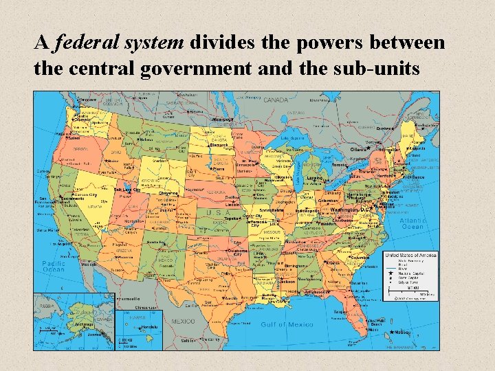 A federal system divides the powers between the central government and the sub-units 
