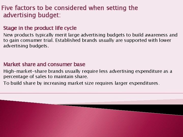 Five factors to be considered when setting the advertising budget: Stage in the product