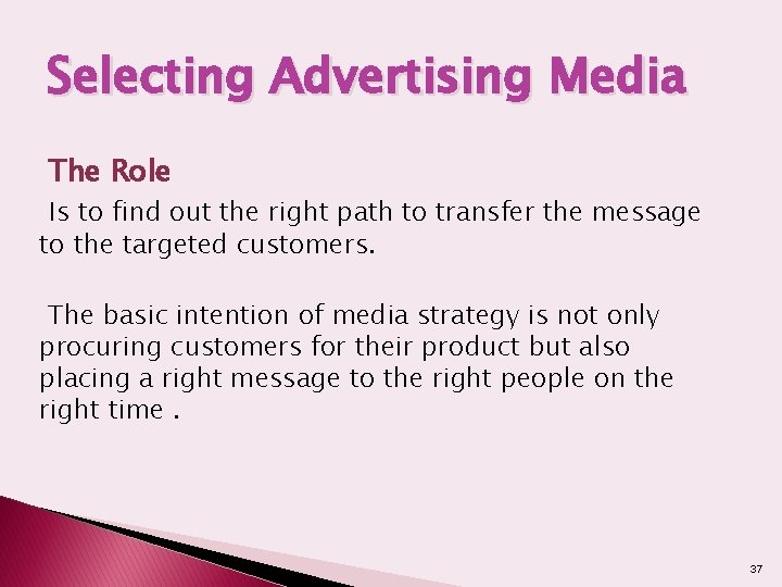 Selecting Advertising Media The Role Is to find out the right path to transfer